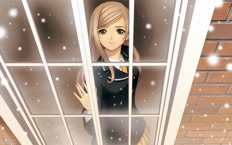 снег, зима, аниме, окно. девушка, snow, winter, anime, window. girl