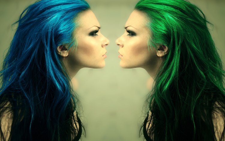 девушка, зеленые, профиль, волосы, лицо, синее, к лицу, girl, green, profile, hair, face, blue, to face
