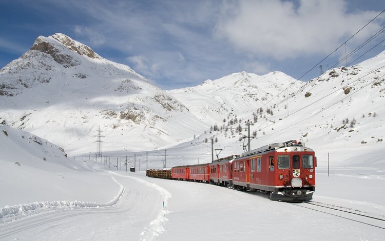 горы, снег, красный, поезд, mountains, snow, red, train