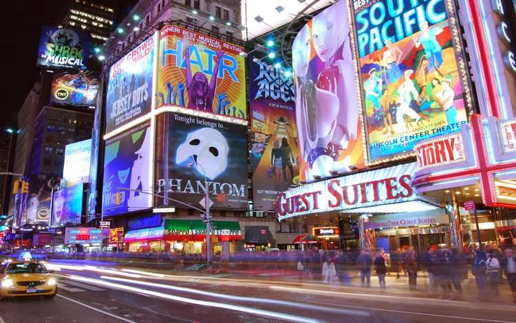 ночь, огни, движение, нью-йорк, реклама, таймс-сквер, night, lights, movement, new york, advertising, times square