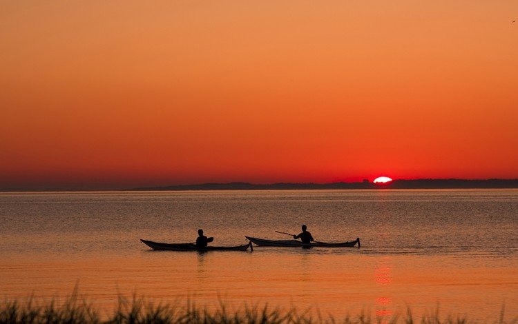 озеро, закат, лодки, lake, sunset, boats