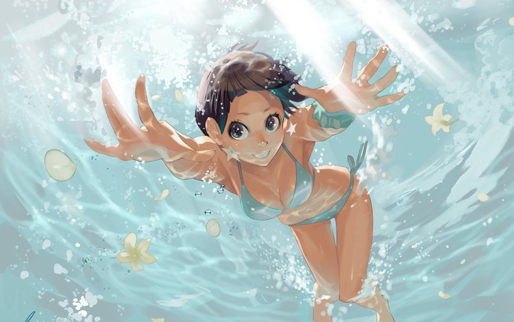 вода, настроение, море, аниме, девочка, water, mood, sea, anime, girl