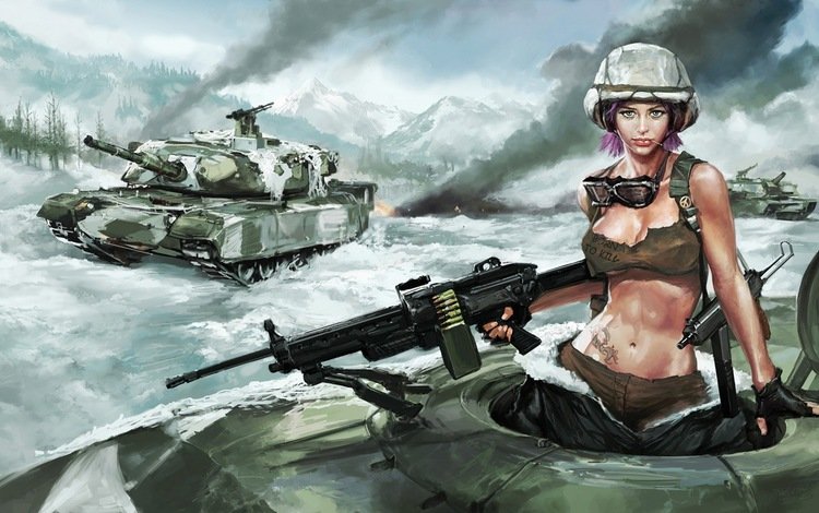 снег, девушка, танк, пулемет, snow, girl, tank, machine gun