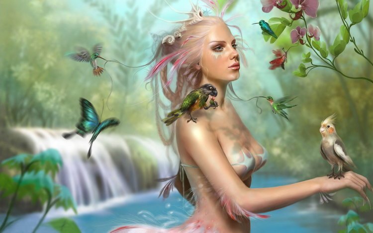 девушка, водопад, бабочки, попугай, sophia kolokouri - the lady bird, girl, waterfall, butterfly, parrot