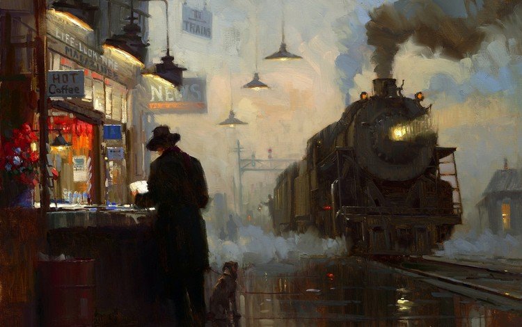 станция, картина, масло, паровоз, station, picture, oil, the engine