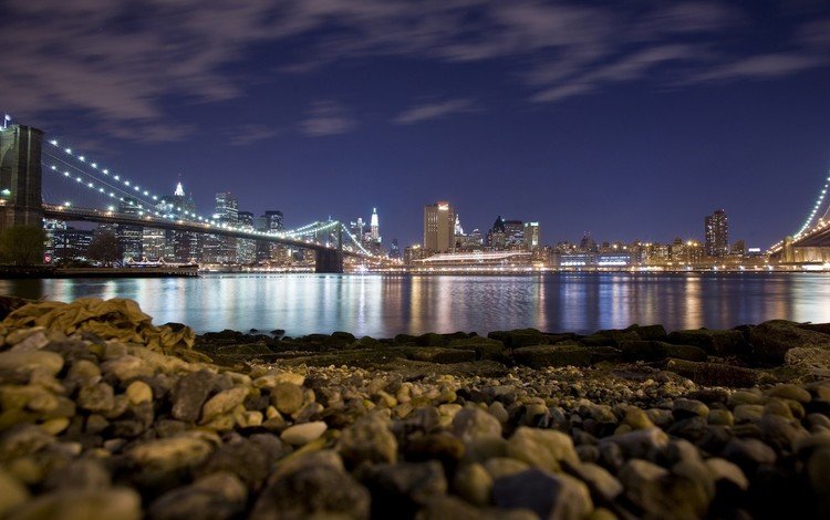 ночь, пляж, мост, сша, нью-йорк, бруклинский мост, night, beach, bridge, usa, new york, brooklyn bridge