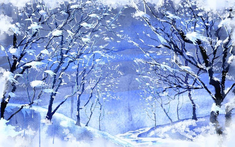 рисунок, деревья, снег, зима, figure, trees, snow, winter