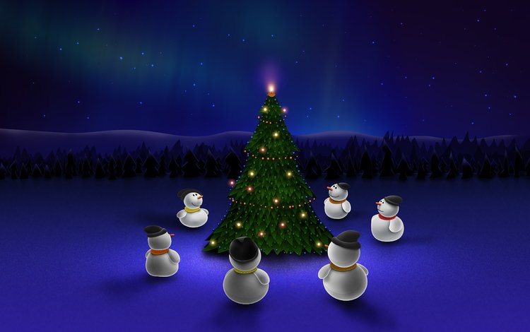 ночь, новый год, елка, синий, снеговики, night, new year, tree, blue, snowmen