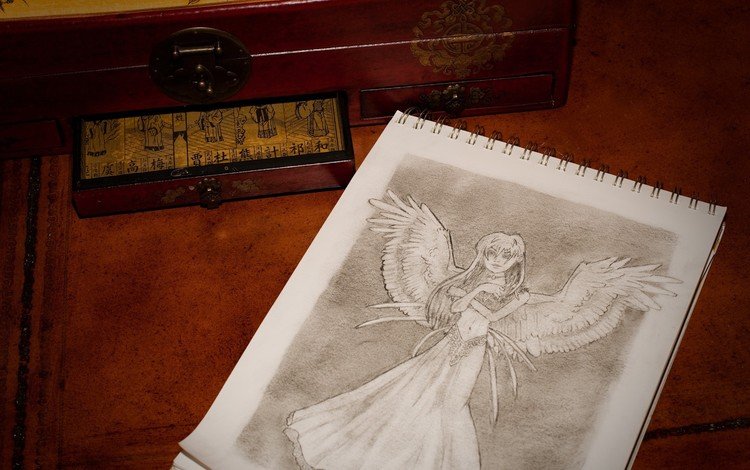 рисунок, крылья, ангел, блокнот, шкатулка, figure, wings, angel, notepad, box