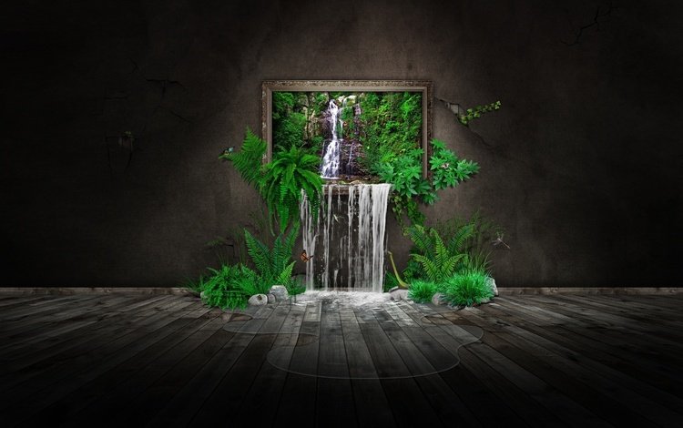 природа, зелень, картина, водопад, бабочка, photomanipulation, nature, greens, picture, waterfall, butterfly