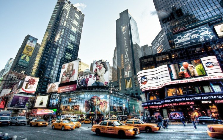 дорога, небоскребы, нью-йорк, такси, реклама, road, skyscrapers, new york, taxi, advertising