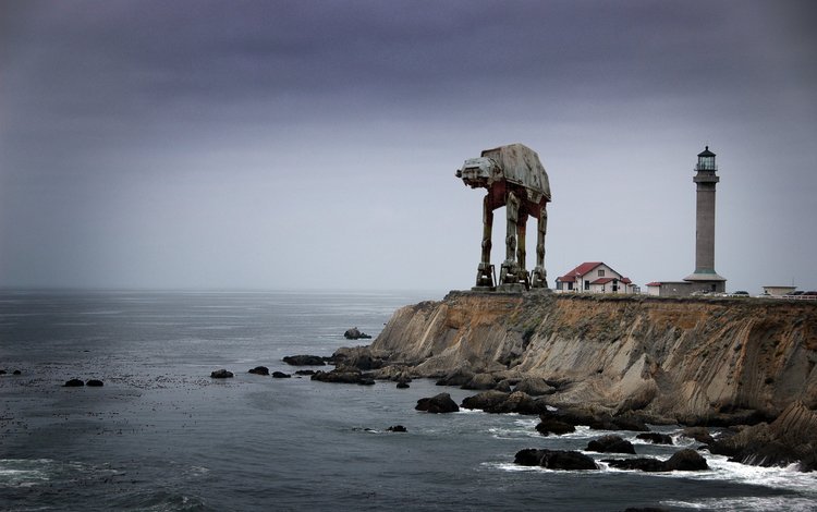 маяк, робот, побережье, волнолом, lighthouse, robot, coast, breakwater