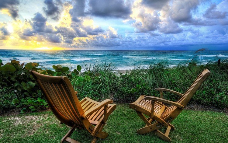 восход, природа, море, стулья, sunrise, nature, sea, chairs