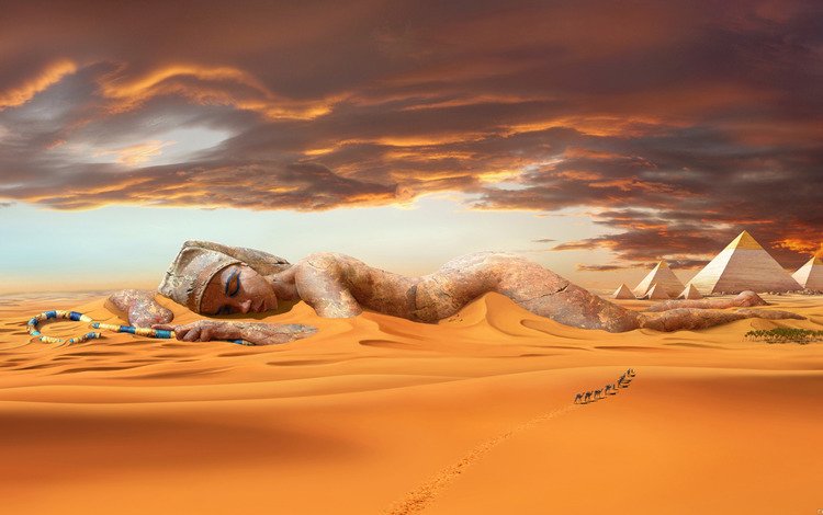 песок, пустыня, статуя, дюны, караван, верблюды, пирамиды, sand, desert, statue, dunes, caravan, camels, pyramid