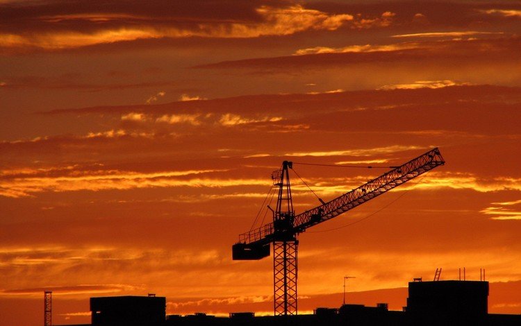 закат, кран, стройка, sunset, crane, construction