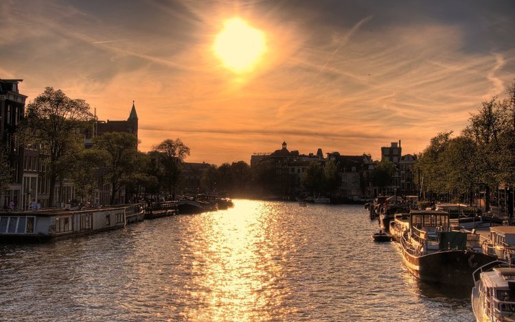 река, солнце, закат, лодки, дома, sun over, амстердам, river, the sun, sunset, boats, home, amsterdam