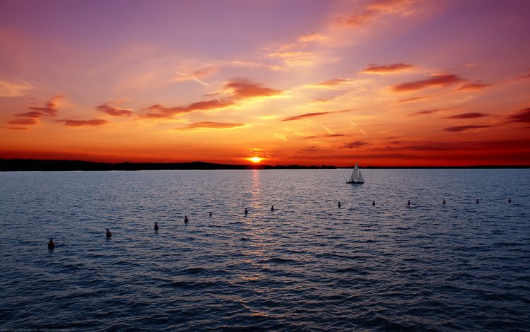 небо, закат, море, горизонт, яхта, the sky, sunset, sea, horizon, yacht