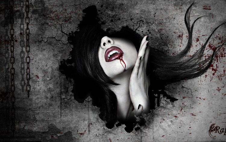 девушка, кровь, стена, лицо, вампир, girl, blood, wall, face, vampire