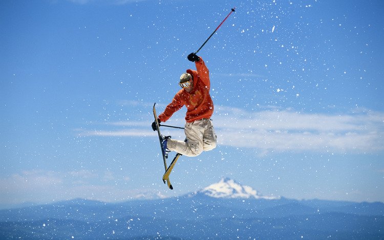 небо, прыжок, лыжи, фристайл, the sky, jump, ski, freestyle
