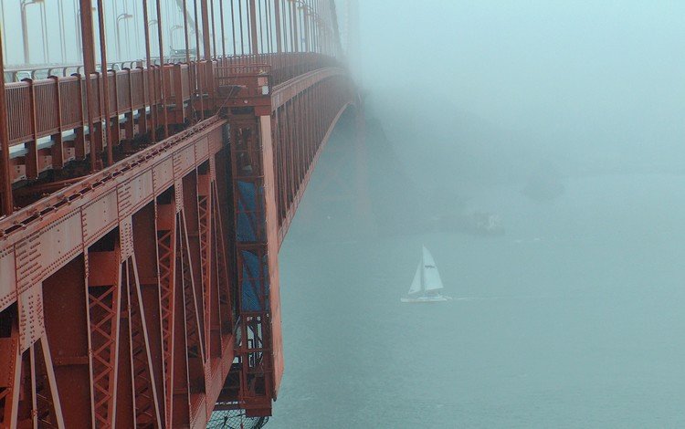 туман, мост, парусник, красный, fog, bridge, sailboat, red