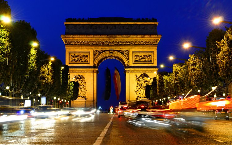 ночь, огни, париж, триумфальная арка, франция, елисейские поля, night, lights, paris, arch, france, champs elysees