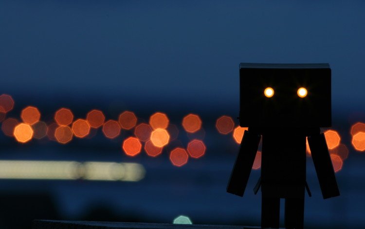 ночь, огни, робот, человечек, коробка, night, lights, robot, man, box