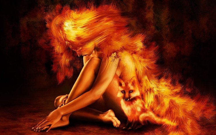 рисунок, огонь, лиса, hamza itani - pandemonium ablaze, figure, fire, fox