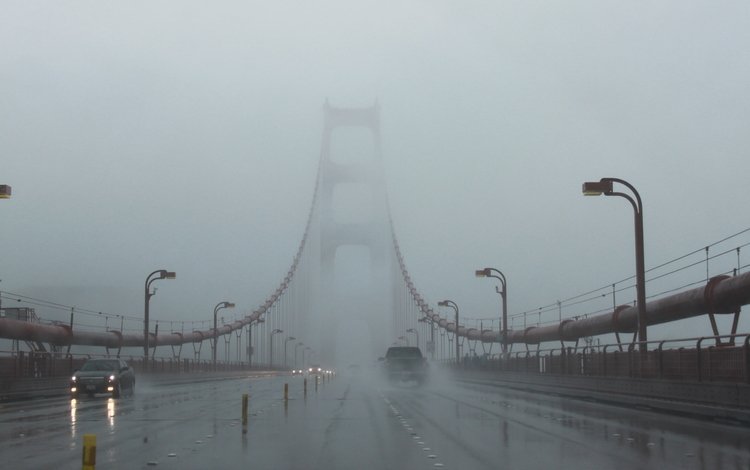 туман, мост, машины, fog, bridge, machine