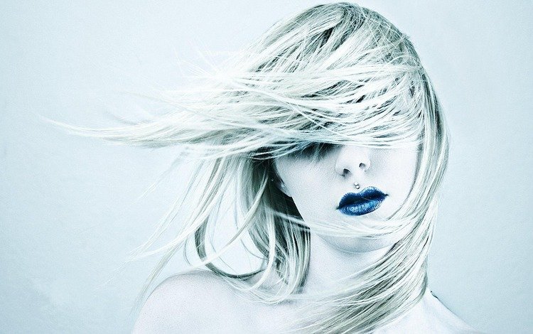 девушка, голубой, холод, волосы, губы, голова, girl, blue, cold, hair, lips, head