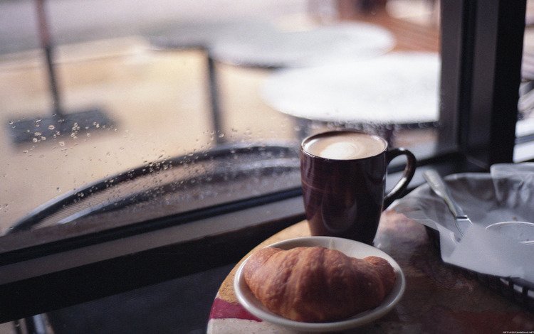 кофе, дождь, капучино, круасан, coffee, rain, cappuccino, croissant
