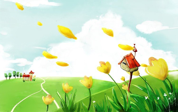 цветы, рисунок, облака, лето, дом, flowers, figure, clouds, summer, house