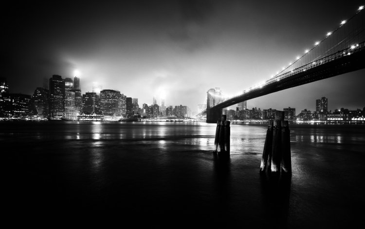 ночь, мост, город, черно-белое фото, night, bridge, the city, black and white photo