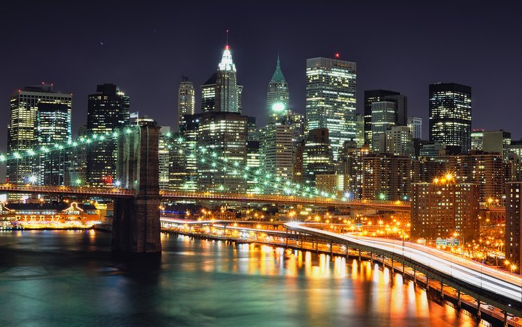 ночь, огни, мост, небоскребы, нью-йорк, nyc, ноч, night, lights, bridge, skyscrapers, new york