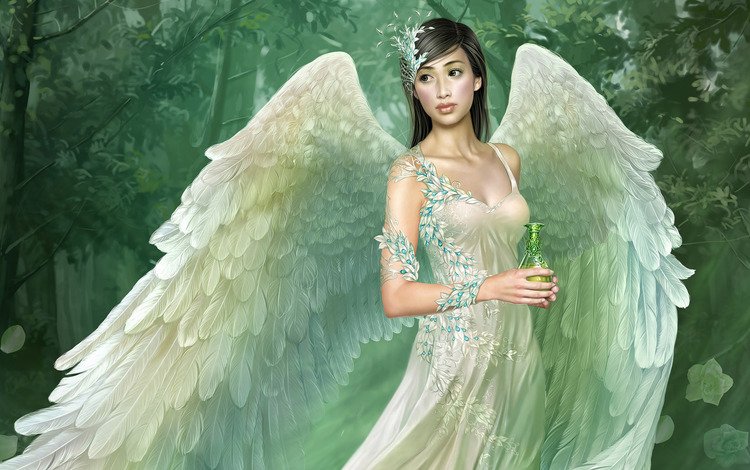 девушка, платье, крылья, белый, ангел, tang yuehui, girl, dress, wings, white, angel