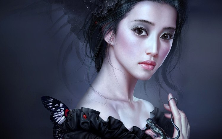 арт, tang yuehui, рисунок, девушка, портрет, взгляд, бабочка, ящерица, лицо, art, figure, girl, portrait, look, butterfly, lizard, face