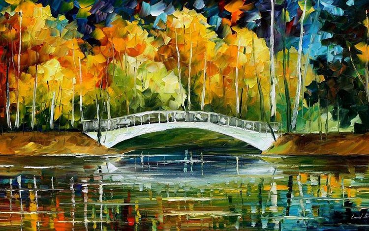 мост, осень, white bride new oil, картина маслом, bridge, autumn, oil painting