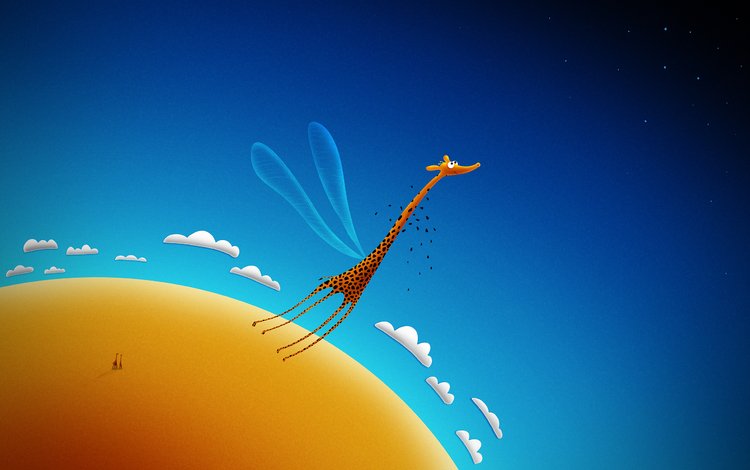 небо, облака, полет, жираф, the sky, clouds, flight, giraffe