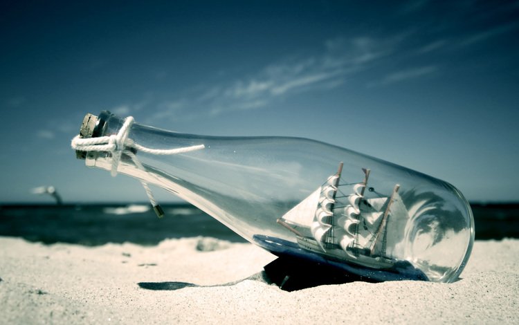 небо, песок, пляж, парусник, бутылка, the sky, sand, beach, sailboat, bottle