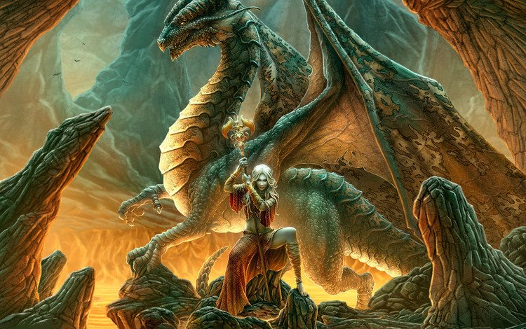 девушка, фентези, дракон, эльфийка, жезл, kerem beyit - dragon mage, girl, fantasy, dragon, elf, rod