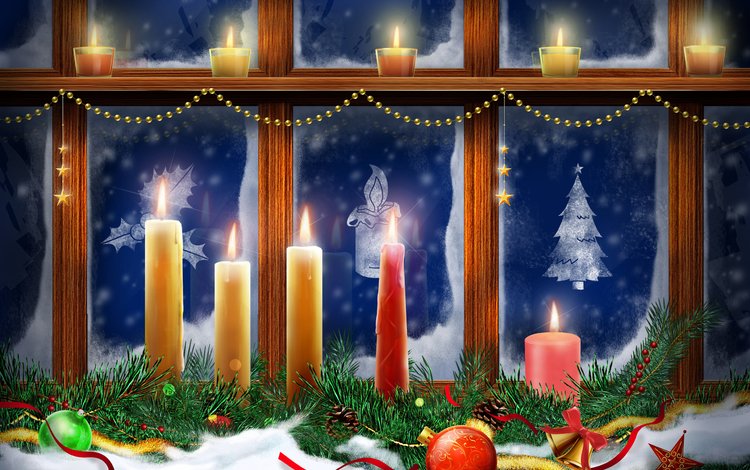 свечи, новый год, окно, candles, new year, window