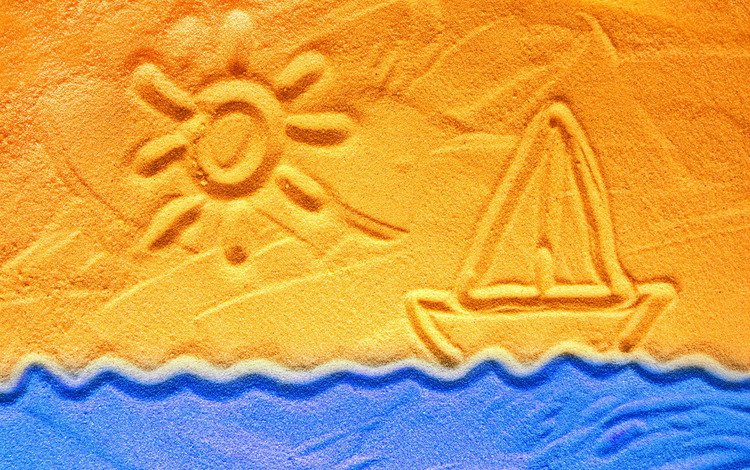 рисунок, солнце, волны, песок, парусник, figure, the sun, wave, sand, sailboat