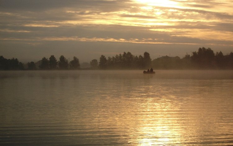 озеро, закат, туман, лодка, lake, sunset, fog, boat