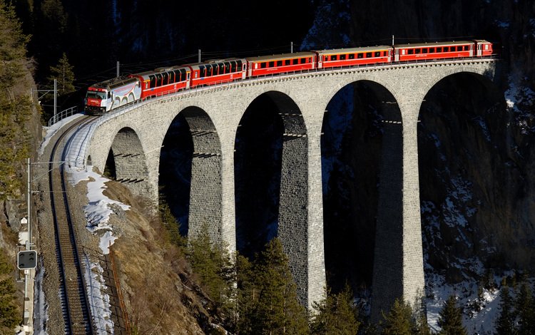 горы, железная дорога, мост, швейцария, красный, поезд, виадук, виадук ландвассер, mountains, railroad, bridge, switzerland, red, train, viaduct