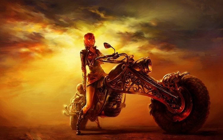 дорога, рисунок, вечер, закат, девушка, мотоцикл, road, figure, the evening, sunset, girl, motorcycle