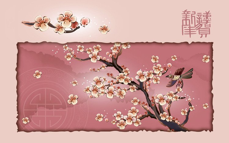 дерево, птица, сакура, иероглиф, tree, bird, sakura, character