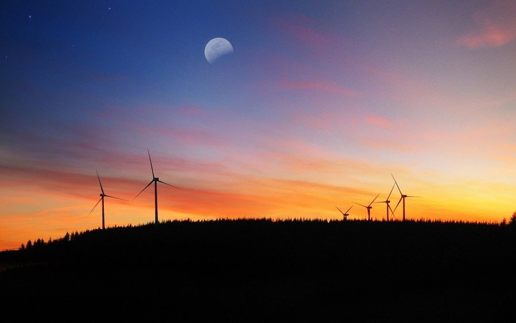 вечер, луна, ветряки, ветротурбины, the evening, the moon, windmills, wind turbine