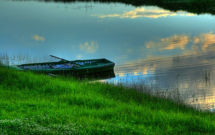 трава, вода, лодка, grass, water, boat