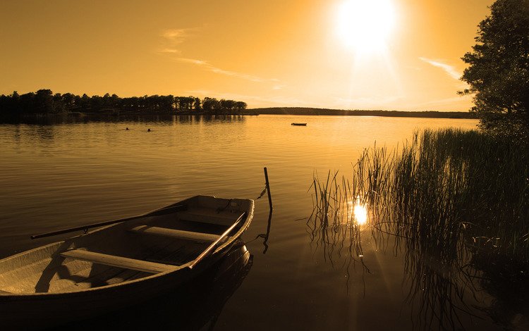 озеро, природа, закат, лодка, lake, nature, sunset, boat