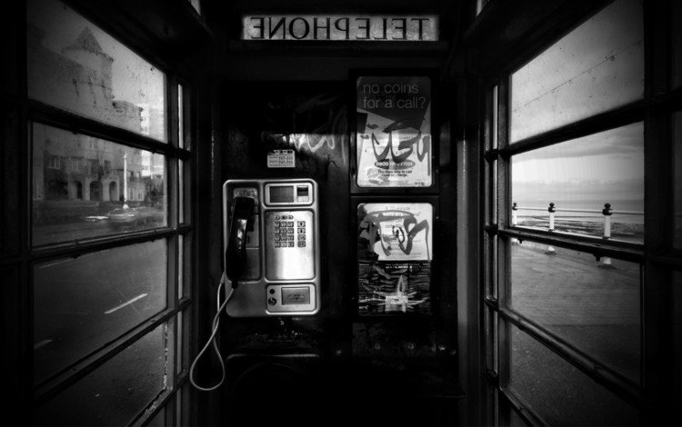 черно-белая, телефон, будка, black and white, phone, booth