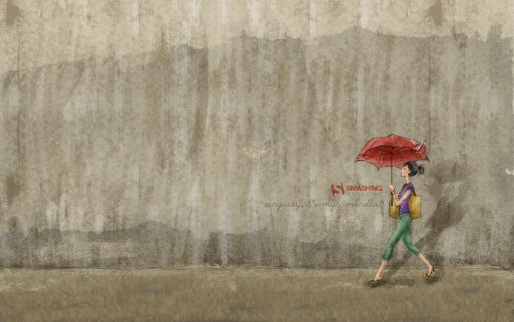 девушка, стена, зонт, girl, wall, umbrella